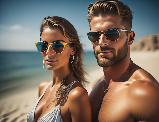 Una pareja de instructores de gimnasia en la playa con gafas de sol