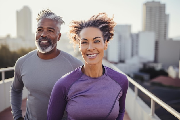 Una pareja internacional adulta en trajes deportivos mirando a la cámara con una sonrisa enérgica y alegre un hombre y una mujer maduros felices y amorosos corriendo o haciendo ejercicio al aire libre un estilo de vida saludable en un entorno urbano