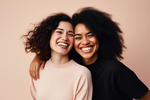 Foto una pareja interracial alegre y sonriente abrazándose en un fondo pastel.