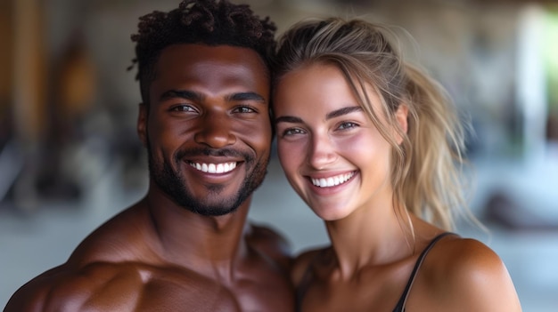 Una pareja interracial alegre y sonriente