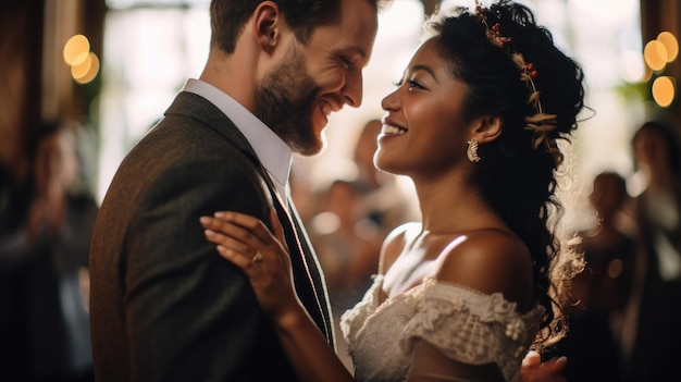 Una pareja interracial bailando en una boda.