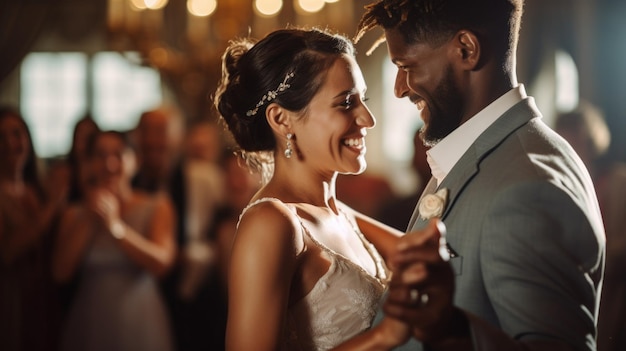 Una pareja interracial bailando en una boda.