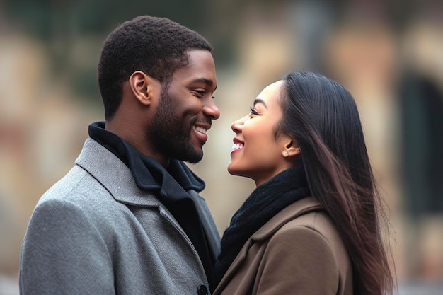 Pareja interracial chatea y sonríe uno frente al otro en un día de otoño en la calleAi generó