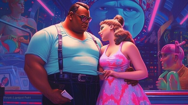 pareja interracial chica gordita de raza mixta con chico blanco synthwave