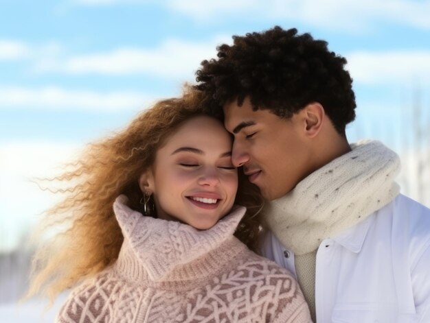 Una pareja interracial está disfrutando de un romántico día de invierno.