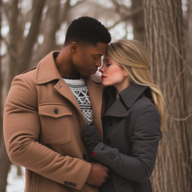 Una pareja interracial está disfrutando de un romántico día de invierno.