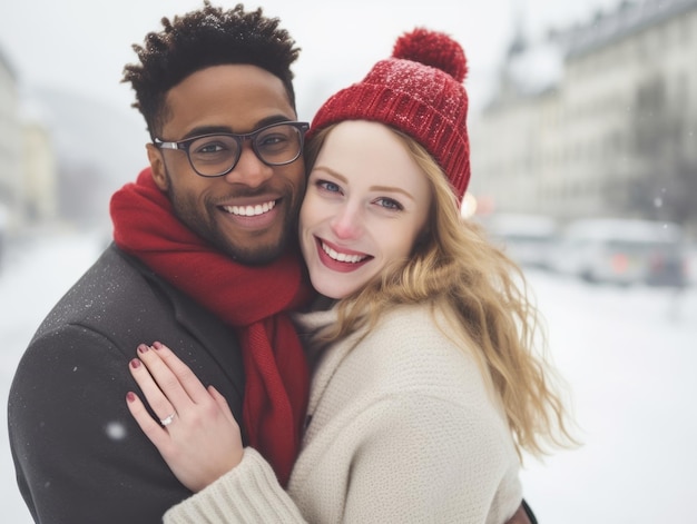 Una pareja interracial está disfrutando de un romántico día de invierno.