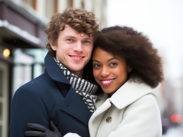 Una pareja interracial está disfrutando de un romántico día de invierno.