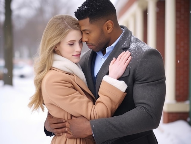 Una pareja interracial está disfrutando de un romántico día de invierno.