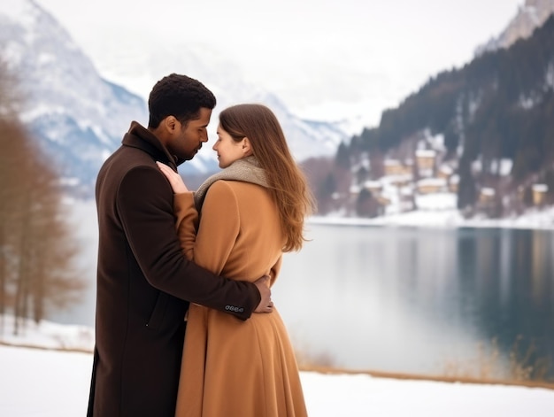 Una pareja interracial está disfrutando de un romántico día de invierno.