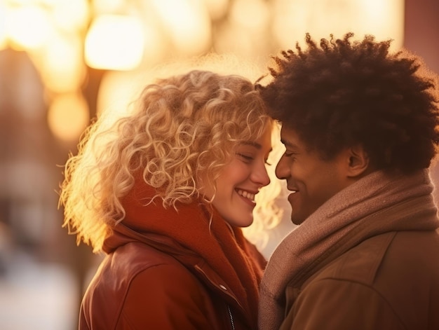 Una pareja interracial está disfrutando de un romántico día de invierno.