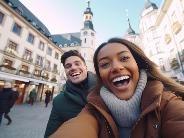 Una pareja interracial está disfrutando de un romántico día de invierno.