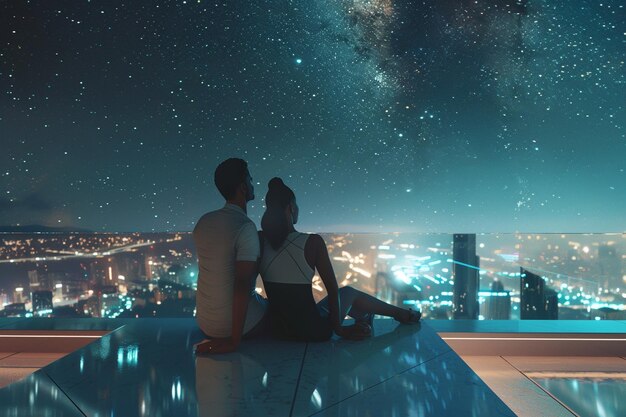 Foto una pareja interracial mirando las estrellas en un techo futurista
