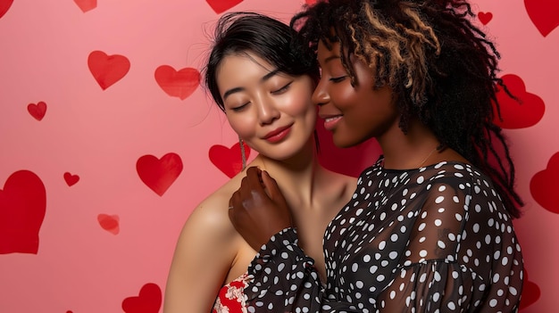 Una pareja interracial en una pose romántica con un fondo de corazones