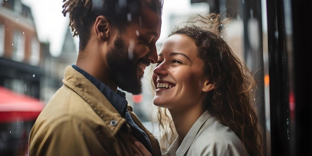 Una pareja íntima que comparte un momento tierno en un día lluvioso, el amor y el afecto visibles en sus ojos capturados con franqueza por IA