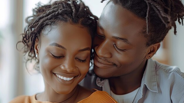 Una pareja íntima sonriendo estrechamente en un ambiente hogareño acogedor