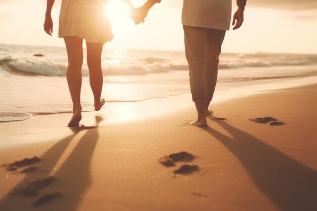 Foto pareja irreconocible caminando de la mano en una playa de arena al atardecer simbolizando el amor juntos