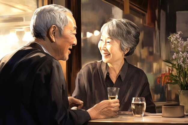 Una pareja japonesa de ancianos enamorados relajándose, hablando y bebiendo copas juntos en un bar o pub.