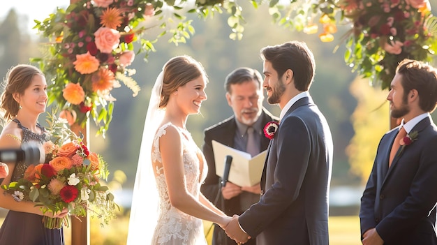 una pareja en un jardín con flores y un pájaro