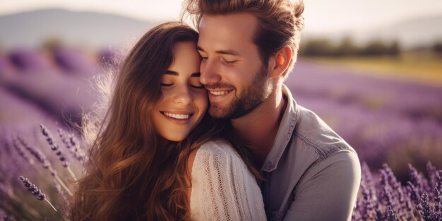 Una pareja joven se abraza en un campo de lavanda Familia posando en la naturaleza IA generativa