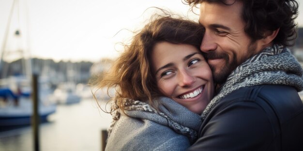 Una pareja joven se abraza en un puerto deportivo en un muelle contra el telón de fondo de yates de vela AI generativa