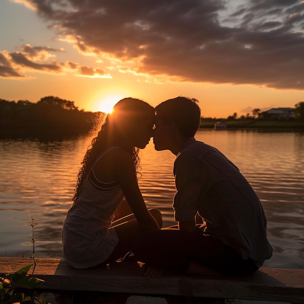 Foto una pareja joven abrazándose viendo la puesta de sol en la playa
