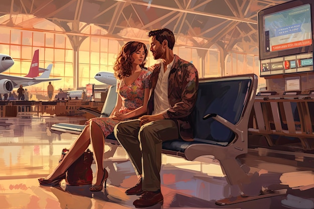 Pareja joven en el aeropuerto Obra artística conceptual en vacaciones y viajes