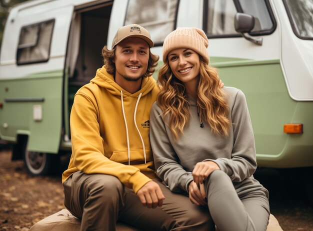 Una pareja joven al aire libre con una caravana