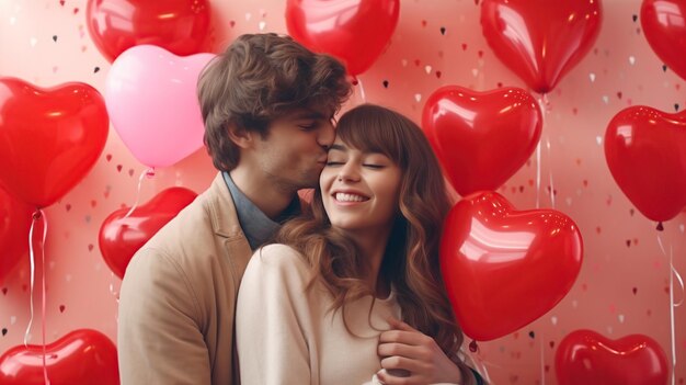 Una pareja joven y alegre enamorada concepto de celebración del Día de San Valentín