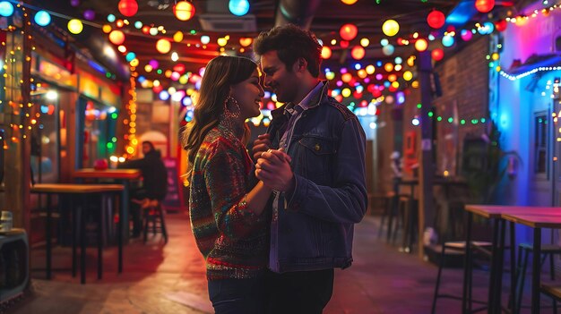 Foto una pareja joven bailando en un bar iluminado por luces de colores