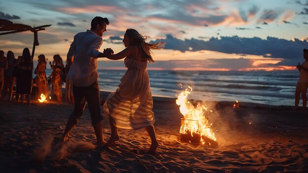 Una pareja joven bailando en la fiesta de la playa se toman de la mano y se sonríen.