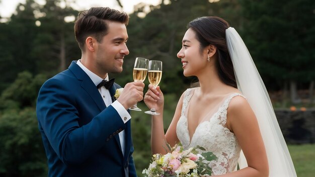 Una pareja joven bebiendo champán en su día de bodas.