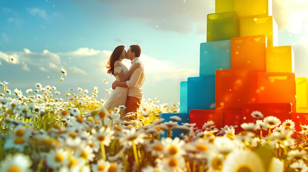 Foto una pareja joven besándose en un campo de margaritas con una torre colorida en el fondo