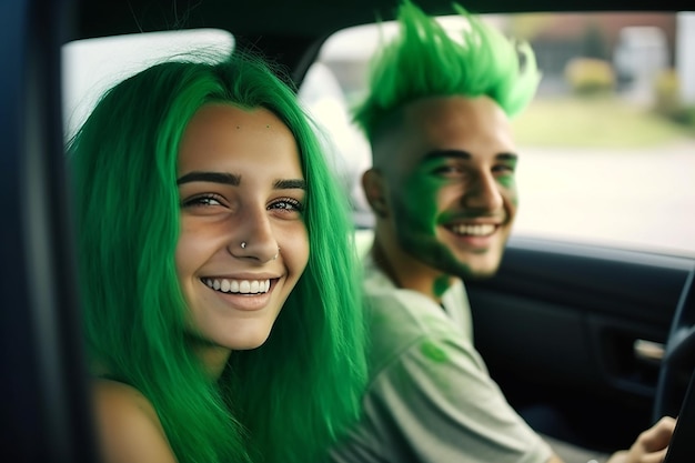 Pareja joven con cabello verde riendo mientras conduce un automóvil en un viaje por carretera en el día de verano ai generativo