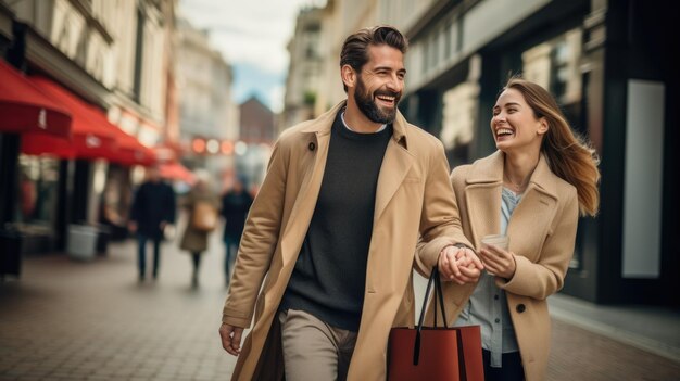 Una pareja joven camina por la calle con bolsas mientras hace compras