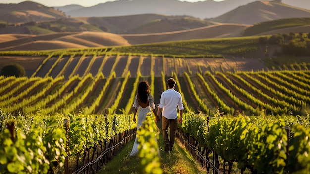 Una pareja joven caminando de la mano a través de un viñedo exuberante