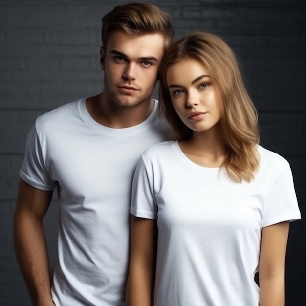 Una pareja joven con camisas blancas se para frente a una pared de ladrillos.