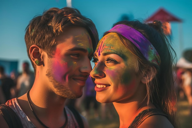 Pareja joven con caras multicolores Niño y niña felices con caras pintadas de colores Generar ai