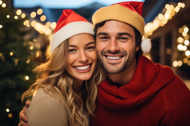 pareja joven celebrando las vacaciones juntos mientras usa sombrero de Santa