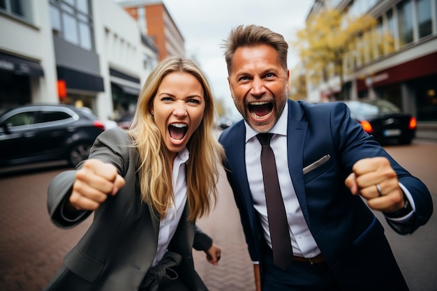 Pareja joven celebrando la victoria, la felicidad y el éxito.