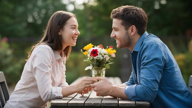 Una pareja joven en una cita con flores