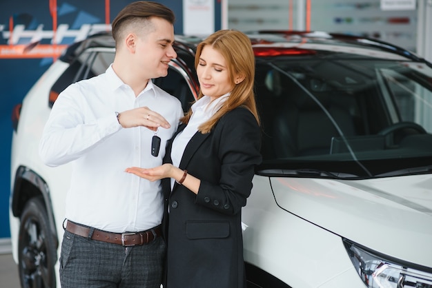 Pareja joven, por, un, coche, en, un, coche, showroom