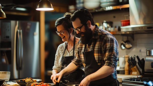 Foto una pareja joven está cocinando juntos en la cocina. ambos están sonriendo y riendo mientras trabajan.