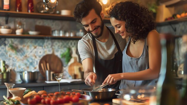 Foto una pareja joven cocinando juntos en la cocina están sonriendo y riendo mientras cocinan hay comida en el mostrador