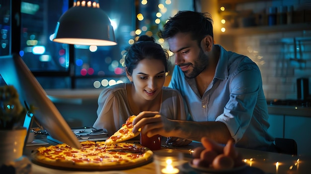 Una pareja joven comiendo pizza juntos en casa están sentados en la mesa de la cocina y sonriéndose el uno al otro