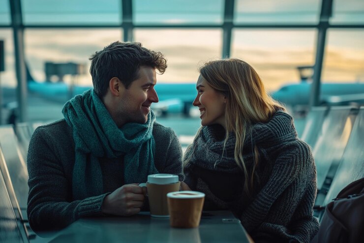 Una pareja joven comparte un momento mientras espera en el aeropuerto con ropa de invierno.