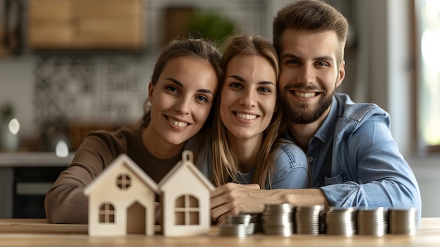 Foto una pareja joven compra su primera casa con un seguro de vida que asegura la estabilidad financiera de la inversión