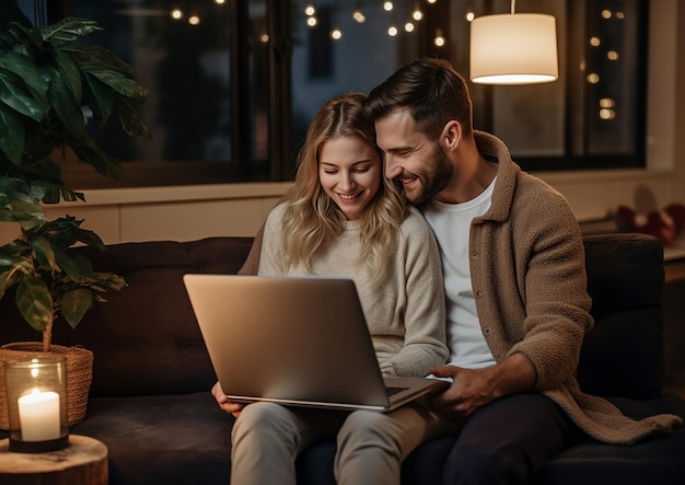 Una pareja joven con una computadora portátil en la sala de estar