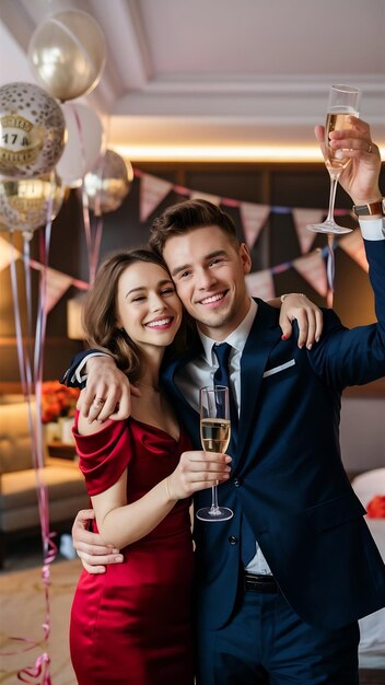 Foto una pareja joven y contenta celebrando el éxito.