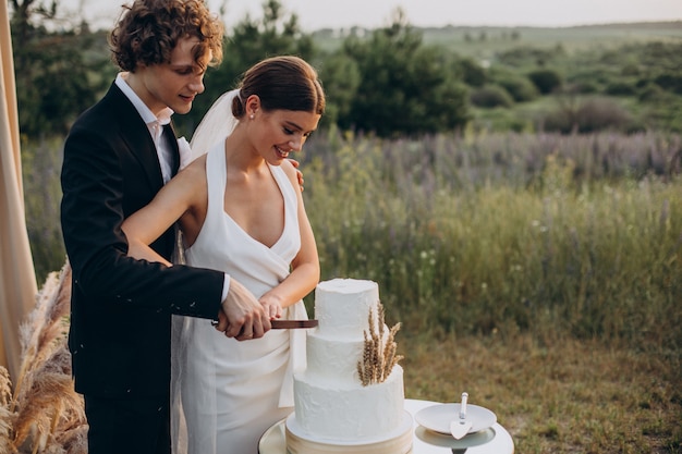 Pareja joven cortando su pastel de bodas